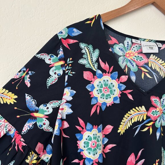 Junarose Top Womens 14 Black Allover Floral Print Short Ruffle Sleeve Blouse - Picture 4 of 7